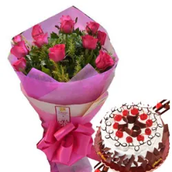 12 Pink Roses in Bouquet with Black Forest Cake