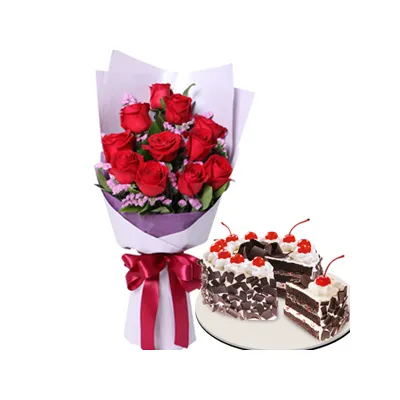 12 Red Roses with Black Forest Cake