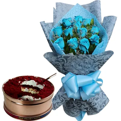 12 Blue Roses with Red Velvet Torte Can Cake