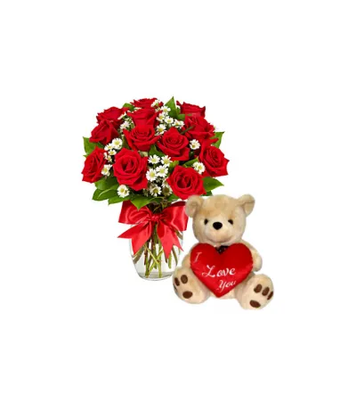 12 Red Roses Vase with Love U Bear